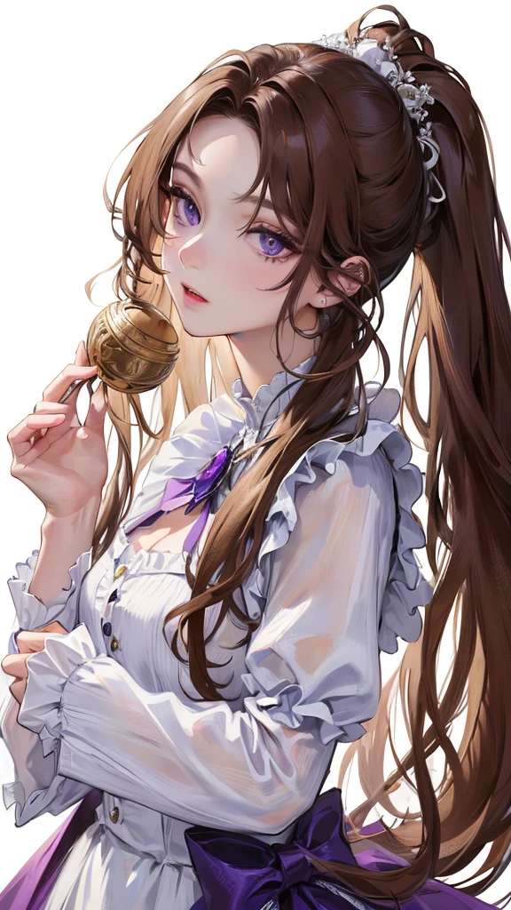 (Top resolution、Distinct_image)top-quality、femele、masterpiece、highly detailed、Semi-realistic、purple eyes、18year old、young、Exquisite facial features、Facial features、unique hairstyle, variations, potrait, white background, , long straight hairstyles , light brown hair , barista outfit