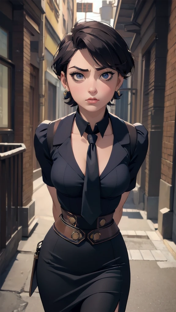 (masterpiece:1.3), (Disorganized:1.3), (best quality:1.3),(Perfect anatomical structure),Delicate face,Steampunk, Victorian Era,Hongkong,Horizontal angle,hand,((Looking at the audience)), (Very detailed:1.3),(The best shadow:0.7), Solitary,1 Middle-aged woman,Sagging small breasts,(Treated hair), Pixie Short Hair,Beautiful eyes, beautiful eyes, 1 Middle-aged woman, ((Sagging small breasts)),navy军官,Solitary, permanent, Crystal Earrings,closure_Mouth, hand臂_behind_return, (navy,Pencil Skirt,tie), Outdoor Rest, Threatening Posture,Cowboy shooting