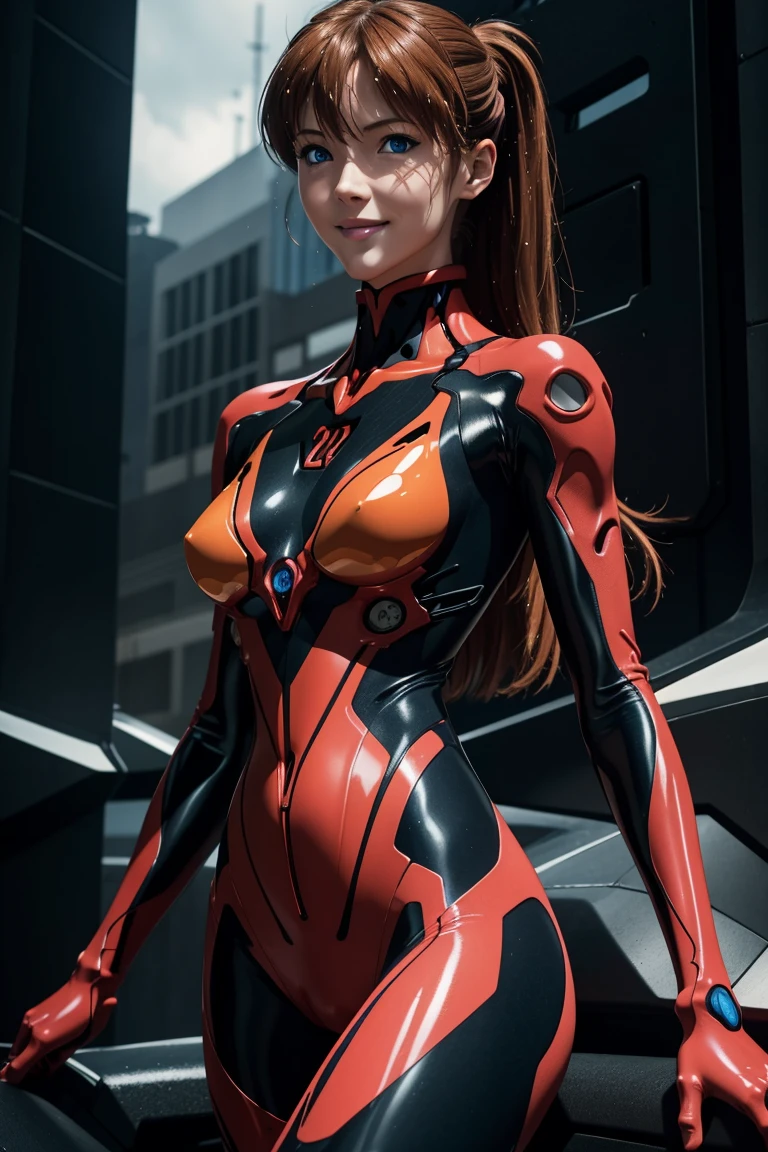 Evangelion,Asuka Langley,blue eyes,Plug Suit,Bodysuits,Interface Headset,赤いBodysuits,Ultra HD,super high quality,masterpiece,Digital SLR,Photorealistic,Detailed details,Vivid details,Depicted in detail,A detailed face,Detailed details,Super Detail,Realistic skin texture,Anatomical basis,Perfect Anatomy,Anatomically correct hand,Anatomically correct fingers,Complex 3D rendering,Sexy pose,Rainy Sky,Beautiful scenery,Fantastic rainy sky,Picturesque,Pink Lips,smile,