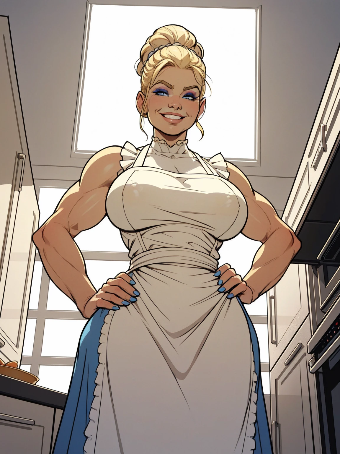 woman, solo, 1woman, retro, wearing dress and apron, standing in kitchen, modern kitchen, (huge breasts:1.1), (nipple outline:0.7), muscular, blonde hair, blue eyes, updo, hair bun, makeup, looking down at viewer, hands on hips, (from below:1.4), (extremely low angle:1.4), smiling, incase, by boris vallejo,