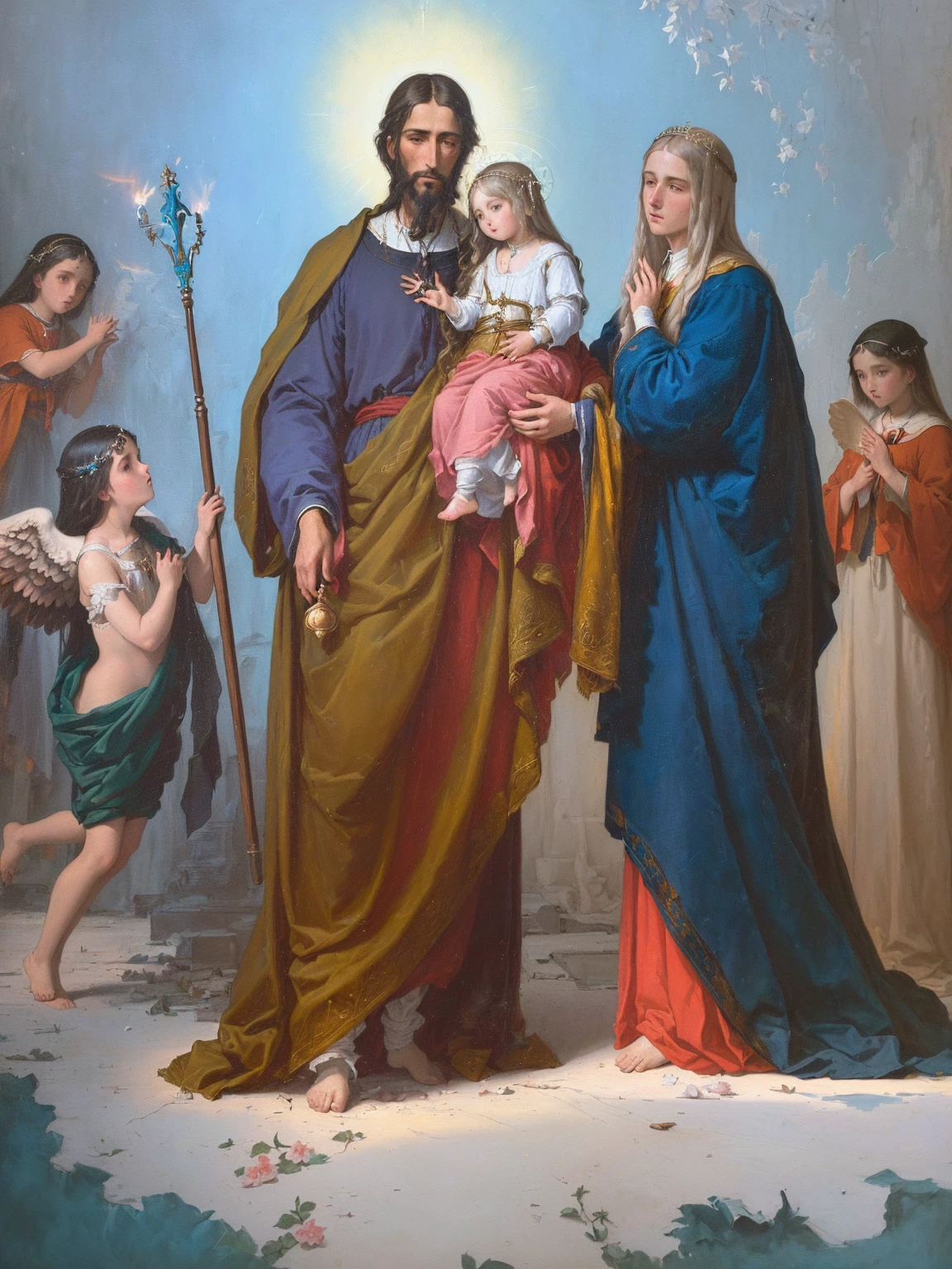painting of a religious family with angels and cherensils, with Jesus, by Antonio de la Gandara, religious painting, queen of heaven, catholic religious art, by Giovanni Bernardino Mazzolini, by Johann Friedrich Overbeck, glorified image, by Giovanni Bernardino Asoleni, sacro, by Juan Gimenez, by Francisco da Holanda, (Foto RAW, real, best qualityer, Masterpiece artwork: 1.2), (Hiper realisitic, realisitic: 1.2), high qualiy, (dark ilumination: 1.2), perfect lighting, Lightroom, 35mm films, cinemactic, dimmed colors, dark shot, Muted colours, grainy film, lute, insane details, Intricate details