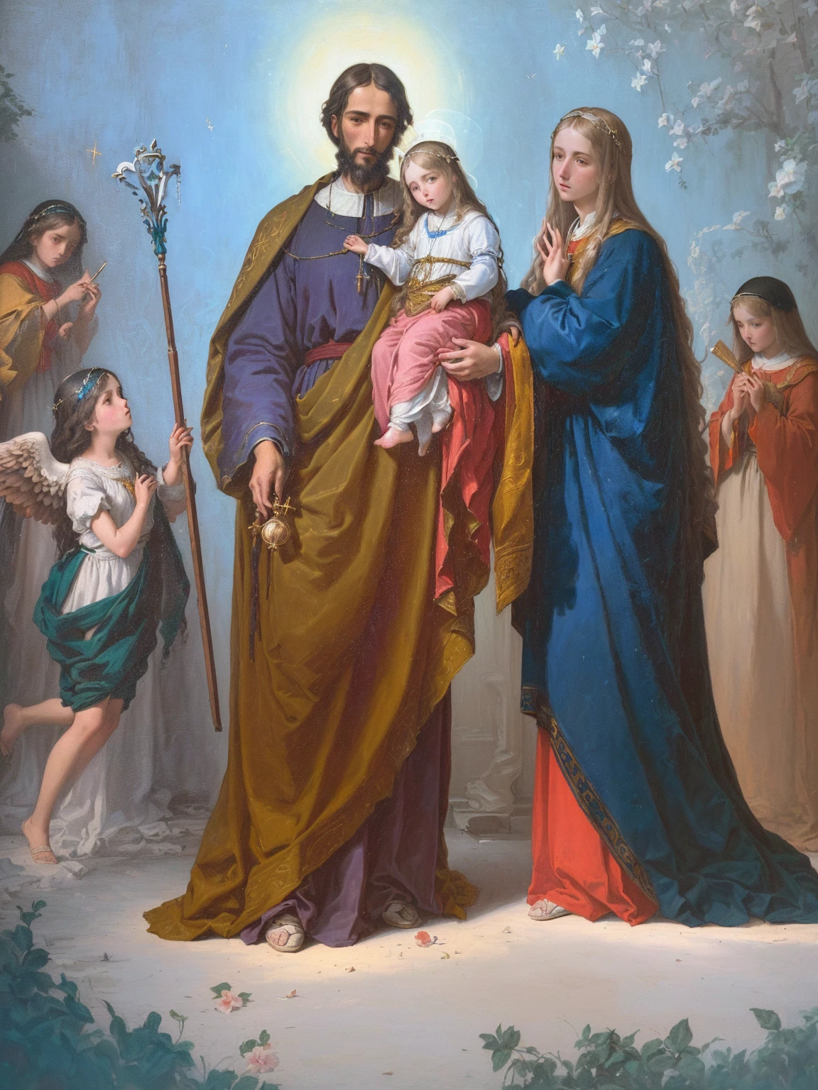 painting of a religious family with angels and cherensils, with Jesus, by Antonio de la Gandara, religious painting, queen of heaven, catholic religious art, by Giovanni Bernardino Mazzolini, by Johann Friedrich Overbeck, glorified image, by Giovanni Bernardino Asoleni, sacro, by Juan Gimenez, by Francisco da Holanda, (Foto RAW, real, best qualityer, Masterpiece artwork: 1.2), (Hiper realisitic, realisitic: 1.2), high qualiy, (dark ilumination: 1.2), perfect lighting, Lightroom, 35mm films, cinemactic, dimmed colors, dark shot, Muted colours, grainy film, lute, insane details, Intricate details