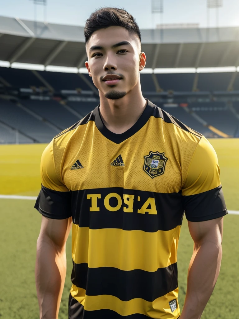 Tony Labrusca, young asian man looking at camera In a black and yellow sports shirt , Fieldside, sunlight, looking at the football field