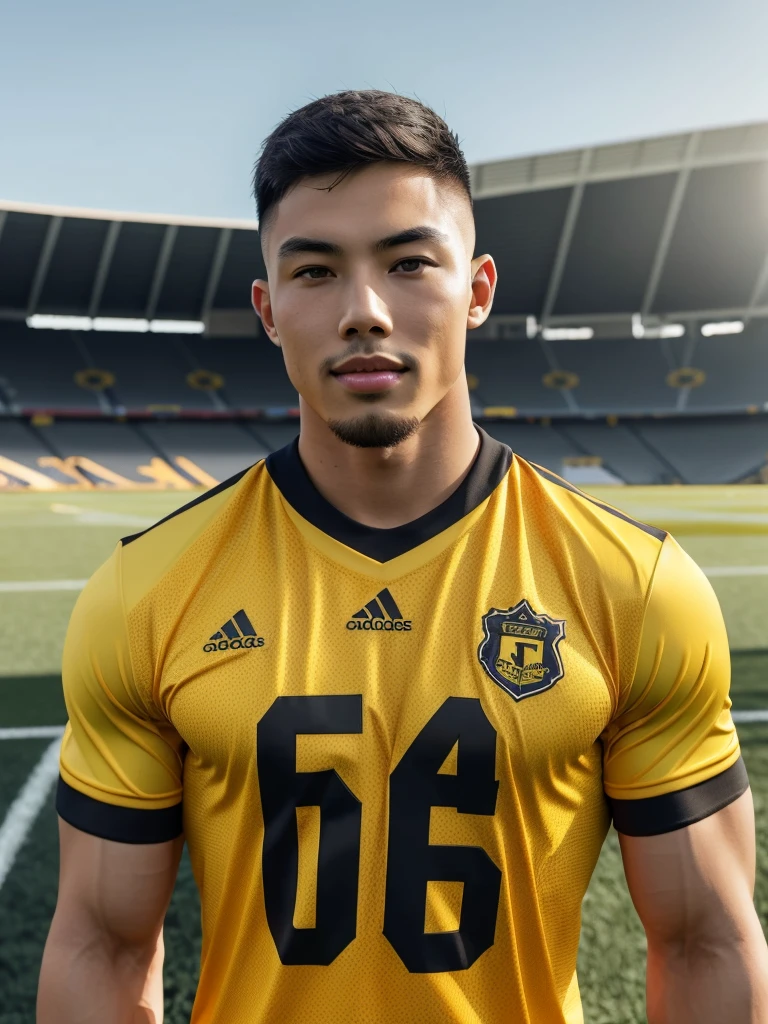 Tony Labrusca, young asian man looking at camera In a black and yellow sports shirt , Fieldside, sunlight, looking at the football field