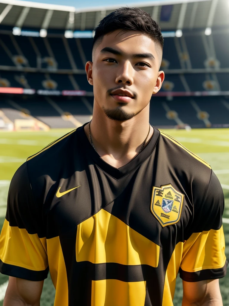 Tony Labrusca, young asian man looking at camera In a black and yellow sports shirt , Fieldside, sunlight, looking at the football field