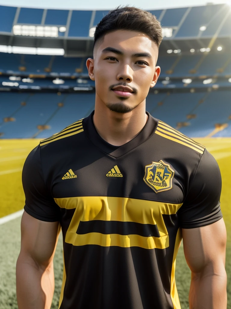Tony Labrusca, young asian man looking at camera In a black and yellow sports shirt , Fieldside, sunlight, looking at the football field