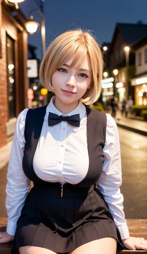 (8k, RAW photo, best quality, masterpiece:1.2), (realistic, photo-realistic:1.37), ultra-detailed,
1 girl,cute, solo,beautiful detailed sky,detailed cafe,night,sitting,dating,(nose blush),(smile:1.1),(closed mouth),large breasts, seductive smile, large aparture, professional lighting, Sony A7R4, Zessie 50mm F1.8,
medium breasts,beautiful detailed eyes,(collared shirt:1.1), bowtie,pleated skirt,(short hair:1.2),floating hair, slightly unbuttoned clothes