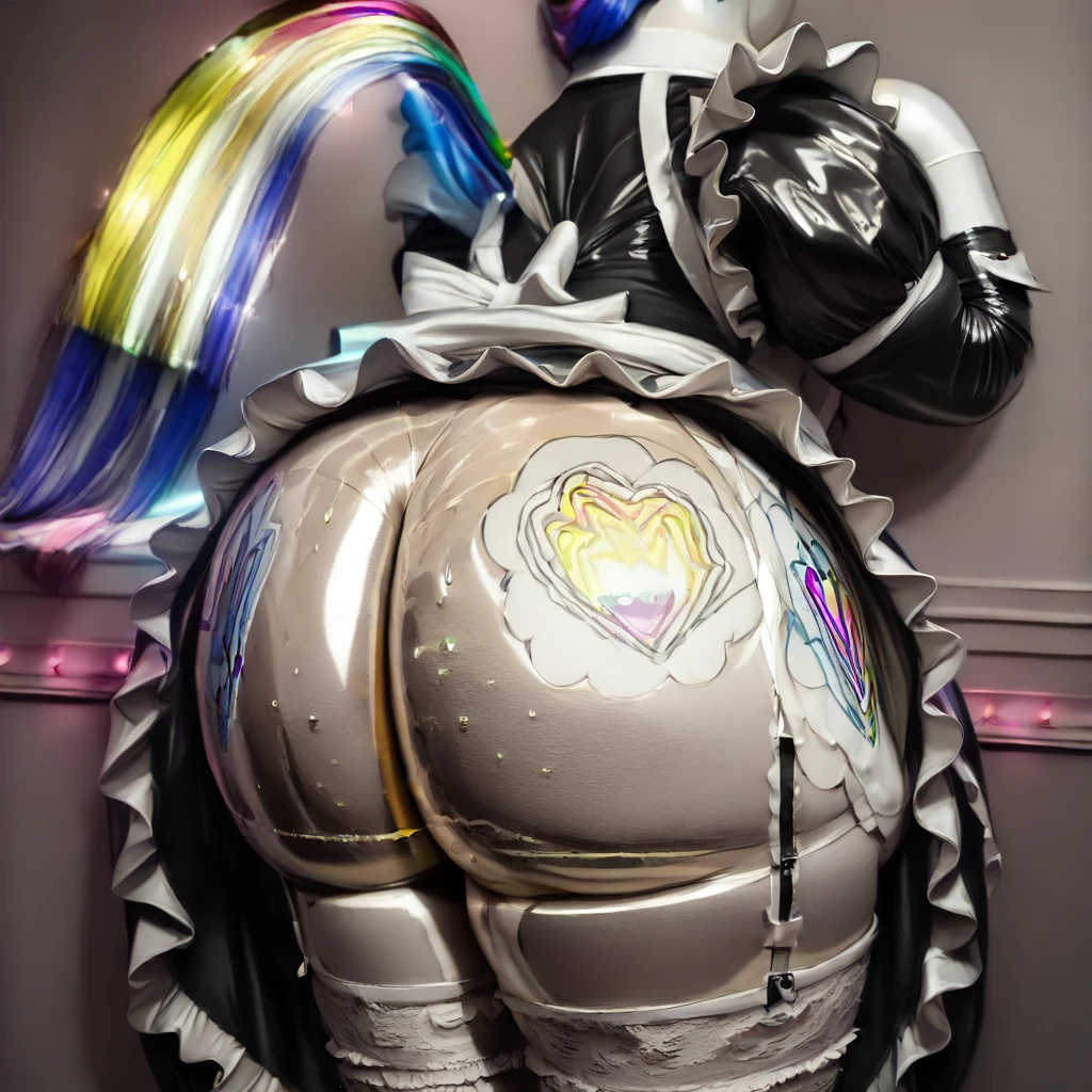 (((my little pony))), solo, white body, ((beautiful maid costume)), (perky butt), vibrant colors, 8K, high resolution, highly detailed, masterpiece, ((glossy oiled body)), lace stockings, (fat mommy), photorealistic