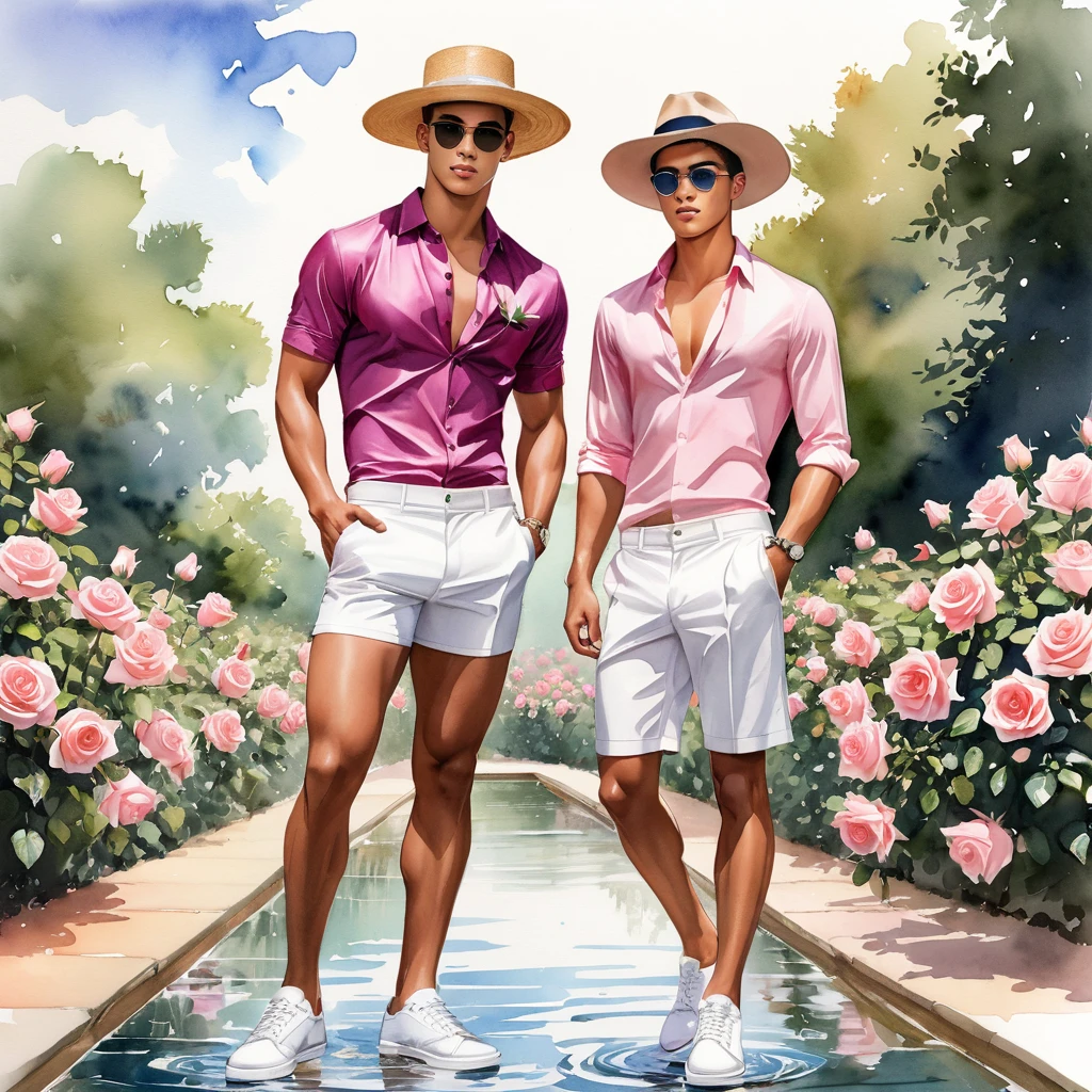 candid fashion illustration of young Mixed race 2man, Latino and Japanese male model, both aged 18-23 year old, ((showcase fashion look book in white underwear only)), the design inspired of The Emma Bridgewater rose by David Austin, in elegant chic style. The man wears thong with a minimal rose embroidery details, big bulge, He completes his look with white sneakers. The boyfriend complements him in  a stripe  G string, semi bulge, He resemble includes an accessorizes with a brimmed straw hat and sunglasses, Captured in a low angle, ((full-body image)), ((roses drawing in water color in background)), fashion sketching, realistic drawing, ((imperfect water color drawing)), fashion look book, fashion illustrator, fashion sketch design, gay, gay couple, a lovely variety characterized color by soft blush pink-purple color, The large blooms rose, with many petals forming a classic rosette shape. The color can range from a delicate pale pink to a slightly deeper shade, This rose is appreciated for its charming appearance and delightful,