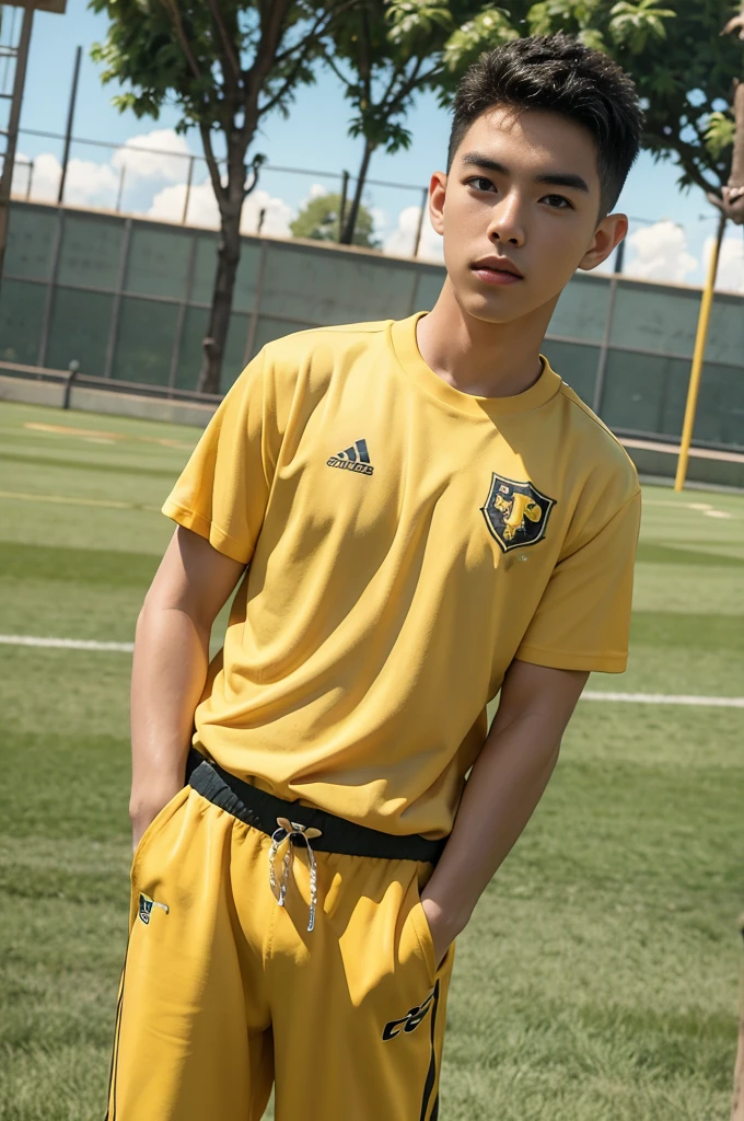 Tony Labrusca, young asian man looking at camera In a black and yellow sports shirt , Fieldside, sunlight, looking at the football field