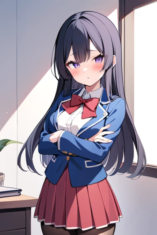 masterpiece, best quality, Standing with arms crossed over chest,   KomisanUni1, komi shouko, 1girl, solo, long hair, black hair, purple eyes, blue jacket, long sleeves, white shirt, bowtie, red bow, striped bow, red skirt, striped skirt, black pantyhose, indoors, blush,
