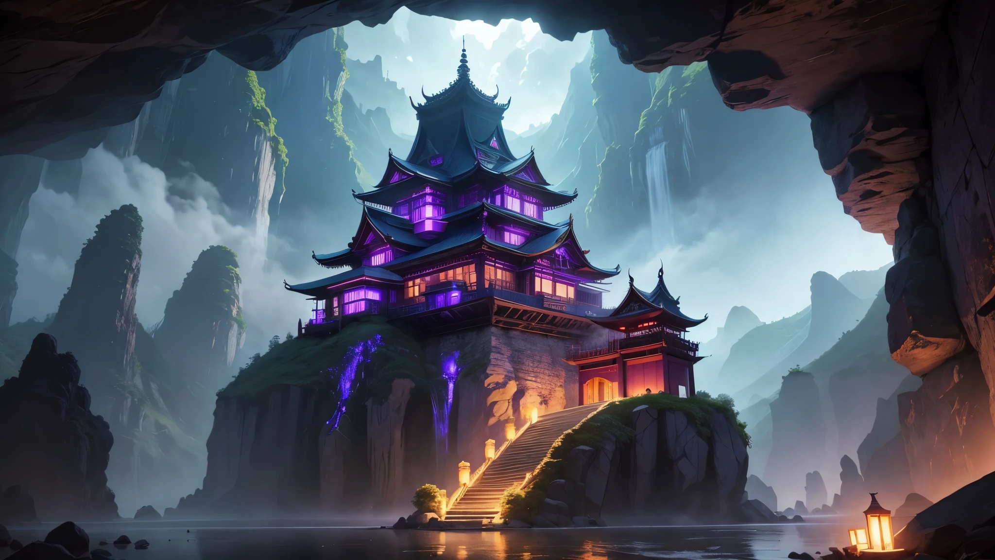 Giant Asian-Chinese style castle, inside a cave deep in the mountain there are a few streaks of purple light.
