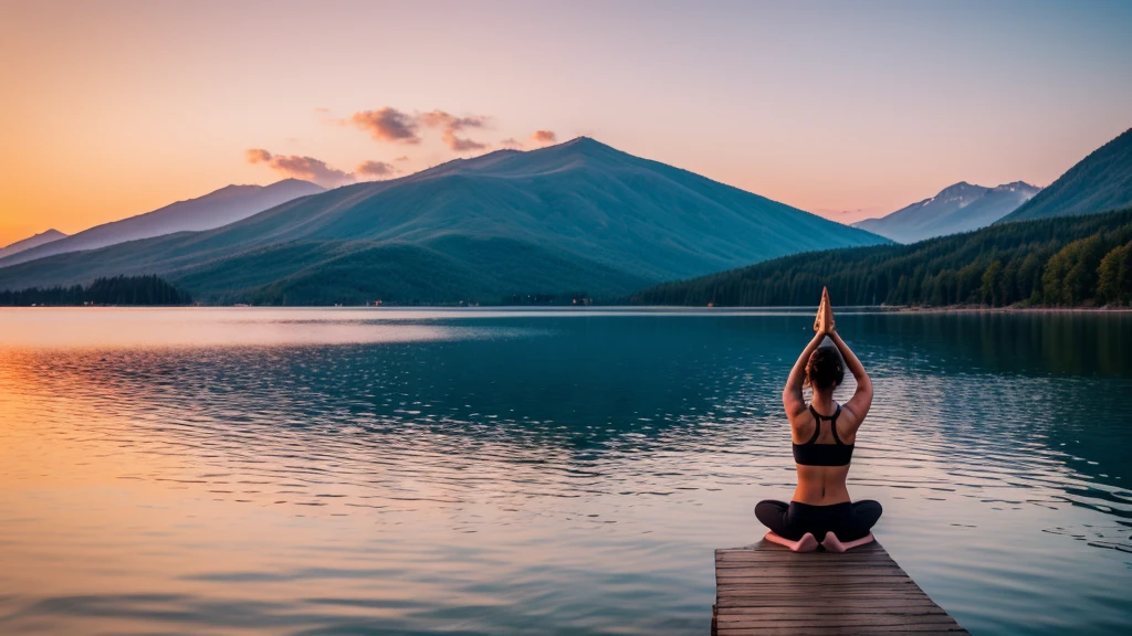 beautiful girl in yoga pose on lake in sunset. Camera view is from far away