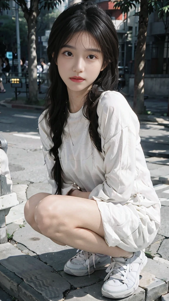 Girl wearing long white short-sleeved,White sneakers,With two braids,White on the calf,Close-up of a girl posing in the park,Full body close-up