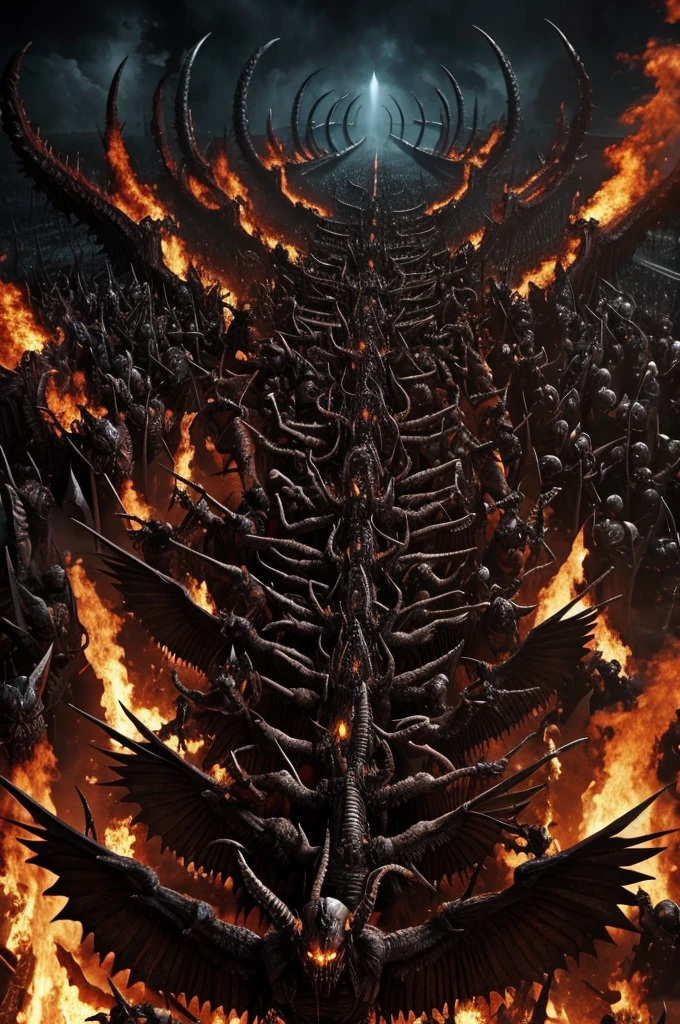 A large army of demons in hell with wings are ready for war