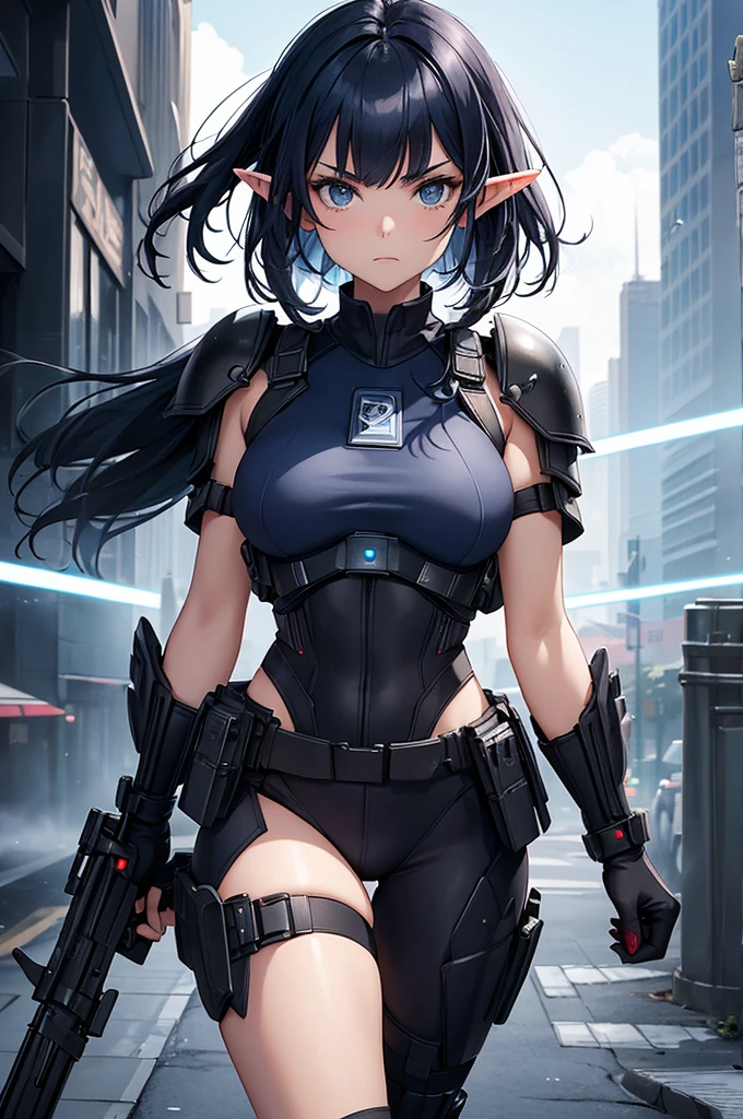 Create high quality images featuring an elf girl with dark navy blue hair and straight bangs. She is a member of the police special forces.。Aggressive pose。Aggressive facial expression。Have a lightsaber.。The background must depict a city inside a dome, Next to her is a black armored vehicle.