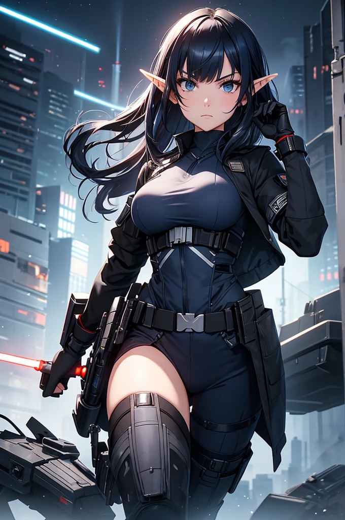 Create high quality images featuring an elf girl with dark navy blue hair and straight bangs. She is a member of the police special forces.。Aggressive pose。Aggressive facial expression。Have a lightsaber.。The background must depict a city inside a dome, Next to her is a black armored vehicle.