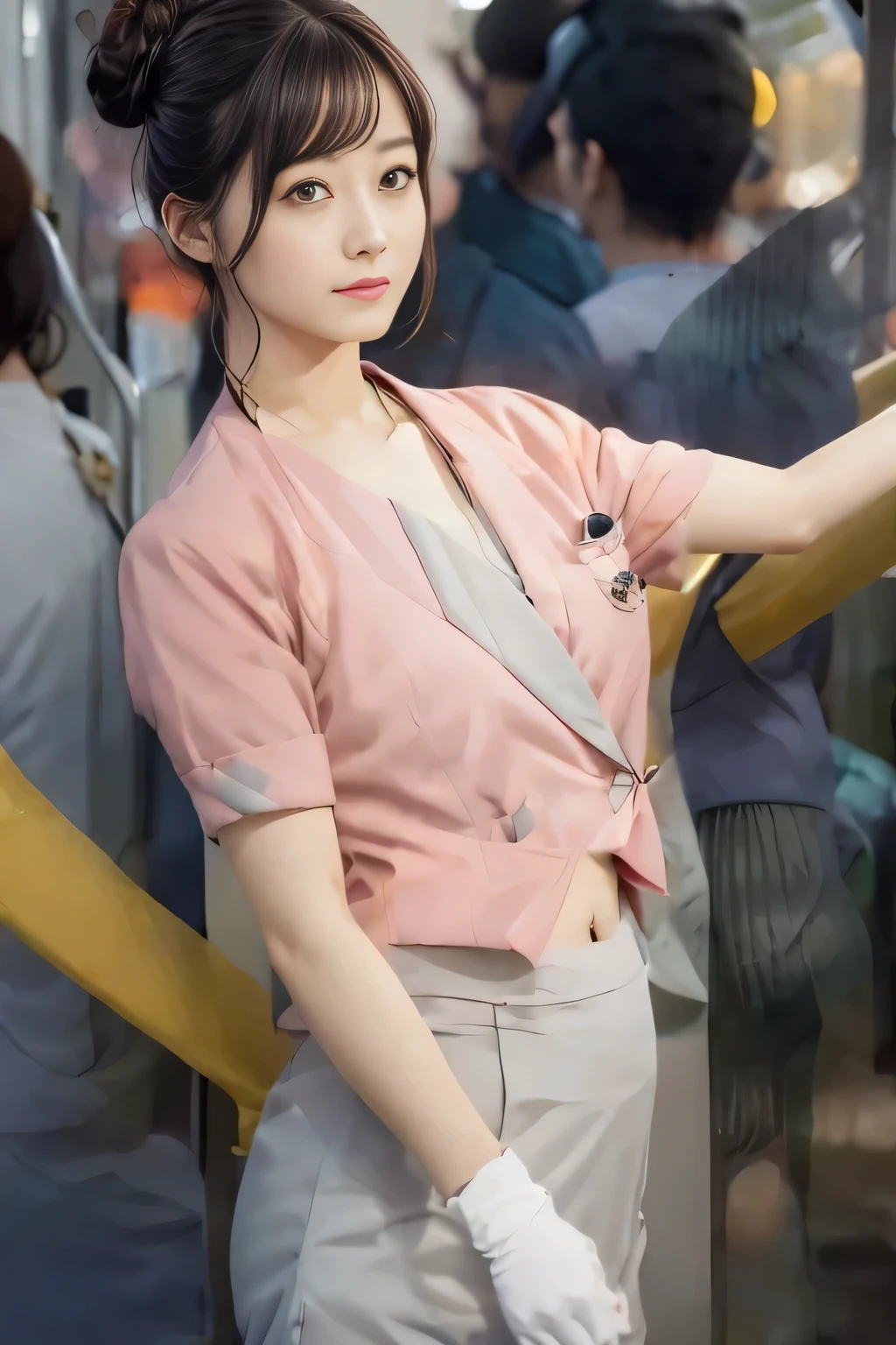(masterpiece:1.2, Highest quality:1.2), 32k HDR, High resolution, (alone、1 Girl)、(On the roof of a building in the daytime、Professional Lighting)、Building rooftop background、(Nankai train crew uniform pinkを着たリアルスタイル)、(Nankai Railway crew uniform, pink, short sleeve, collarless, pink jacket、Nankai Railway crew uniform pink no-collar short-sleeve blouse、Nankai Railway crew uniform, pink grey, knee-length culottes)、((The bottom of the pink short-sleeved jacket cannot be tucked into the clay-colored culottes..))、Dark brown hair、(Hair tied up、Hair Bun、Hair Bun)、Dark brown hair、Long Shot、Big Breasts、Thin legs、((Great hands:2.0)),((Harmonious body proportions:1.5)),((Normal limbs:2.0)),((Normal finger:2.0)),((Delicate eyes:2.0)),((Normal eyes:2.0)))、(Nankai Railway crew uniform, pink grey, knee-length culottesを見せた美しい立ち姿)、smile