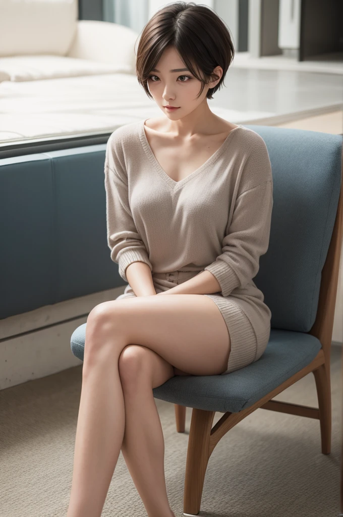 A woman sitting with short hair