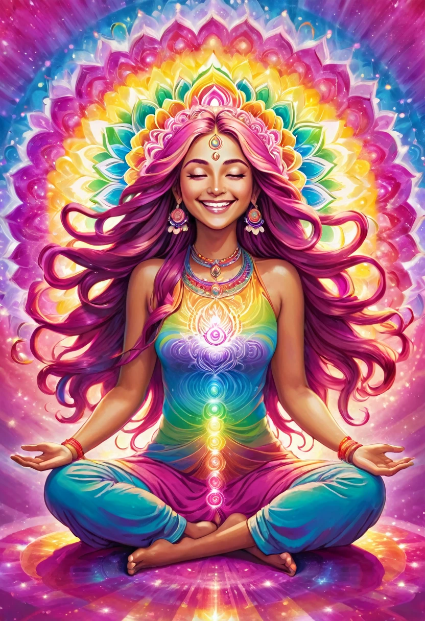 The chakra of a goddess with long hair in pastel rainbow colors is shining, the chakra above her head is shining in magenta color, she has both hands open, smiling and emitting magenta energy of love and healing to people. , people receiving are smiling, mandala, big rainbow light, happiness, smile, love