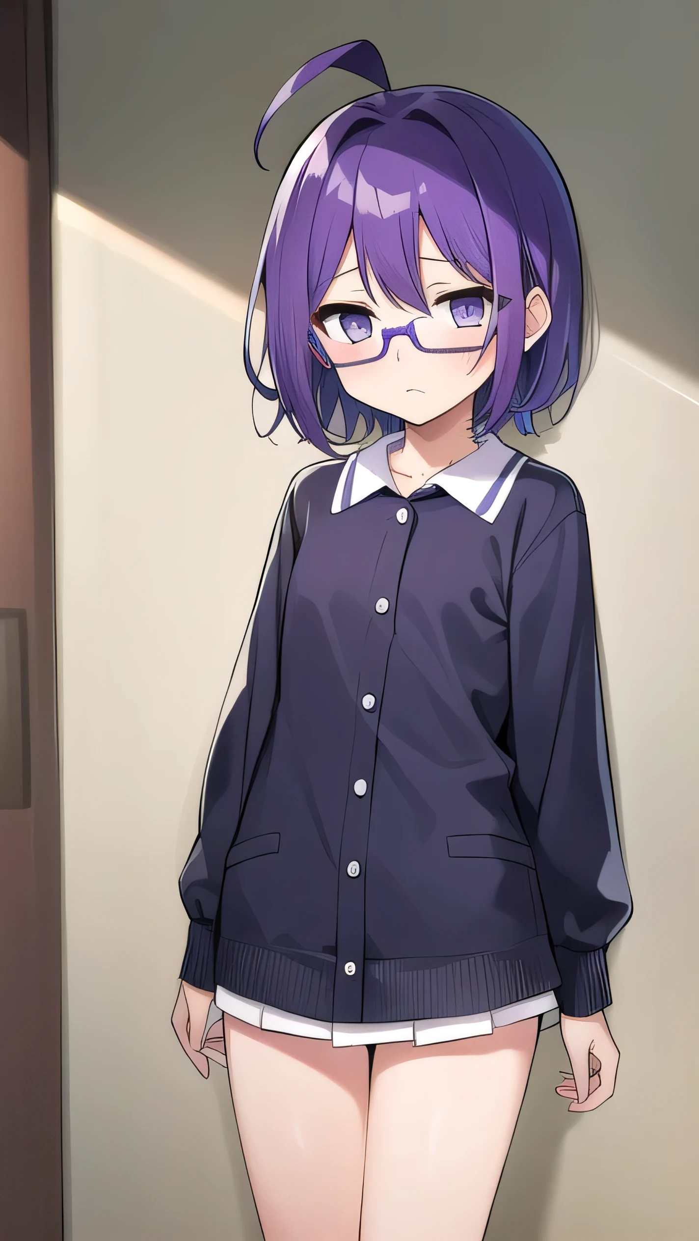 (Purple hair:1.4), gray eyes, white , navy blue miniskirt, 11 years old, short, short long hair, kind expression, shy, , almost no breasts, slightly exposed. hair,(flipped hair ), flipped hair, long sleeves, ahoge, girl alone, flipped hair, flipped hair, flipped hair, flipped hair, glasses with no edges, embarrassed, flat chest