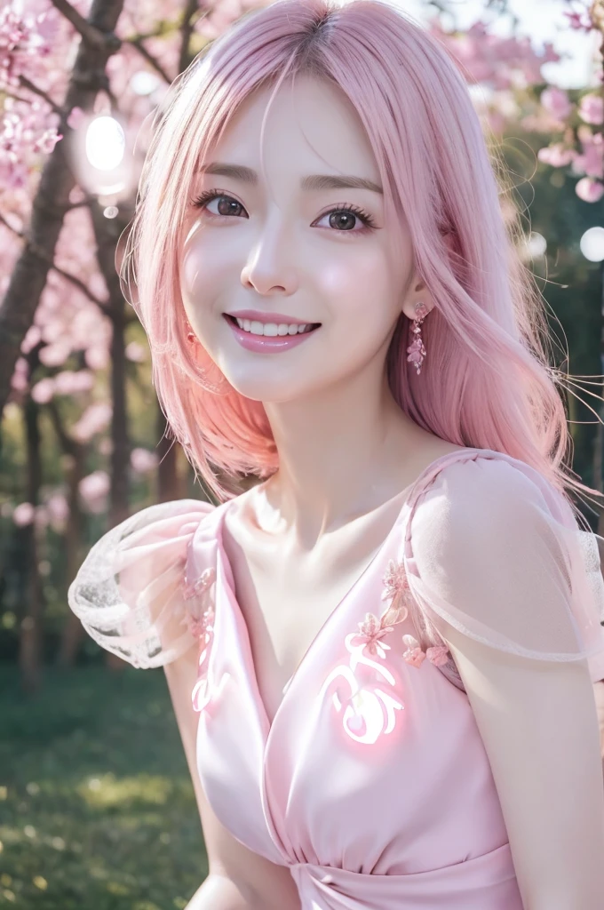 Very detailed CG Unity 8K wallpaper, Cute One lady, Mature hair、lady ,beautiful lady, pale skin (Super masterpiece, Beautiful person, well detailed face polluted smile, Photorealistic, hyper realisitic),
(Pink gorgeous dress:1.7)、 smile、
Japanese background with light pink flowers and snow、Portrait、
(ref Eyes)、(flat chest:1.4)、(Glowing Skin:1.7)、Detailed eyes、Big eyes、Open your mouth、Hide your arm、