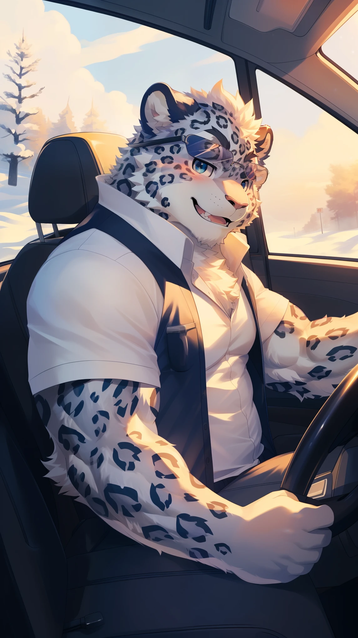 (Vision:1.5), solitary, anthropology, hairy, hairy male, snow leopard, ((Fluffy fur, Fluffy, hairy body)), (snow leopard print), (Thick eyebrows), youth, muscular, White and big skin, Blue-gray pupils, Detailed teeth, defaced face, fundos, driver, White vest, sunglasses, cab里, Driving, sideways, Shy expression, A faint smile, blush, (Dynamic poses:1.5), Clear facial features, Strong, majestic, alone, panoramic, Fog atmosphere, early morning, Tyndall light effect, cab, Sunlight through the car window, (By Empty Ghost, From snow leopard20, masterpiece, high quality, high resolution,8K)