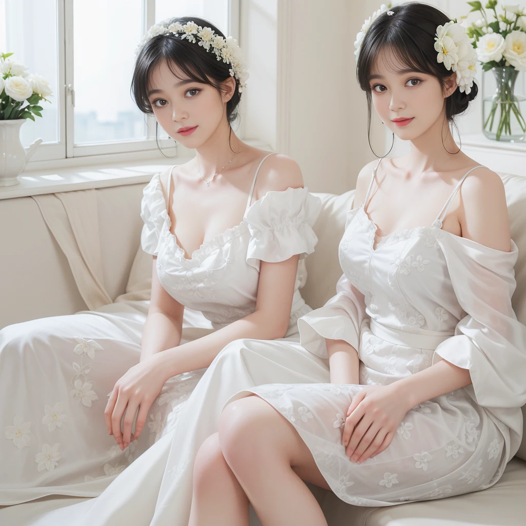 ((best picture quality)))、(8k quality)、((masterpiece))、(Very exquisite、Pretty white)、(wear a skirt)、(3 female)、(Short black hair)、dress up、With floral pattern,Soft silk fabric,light,Gentle expression,(Smile:1.3),((clair obscur)),Luxurious interior window sill,((Big ))