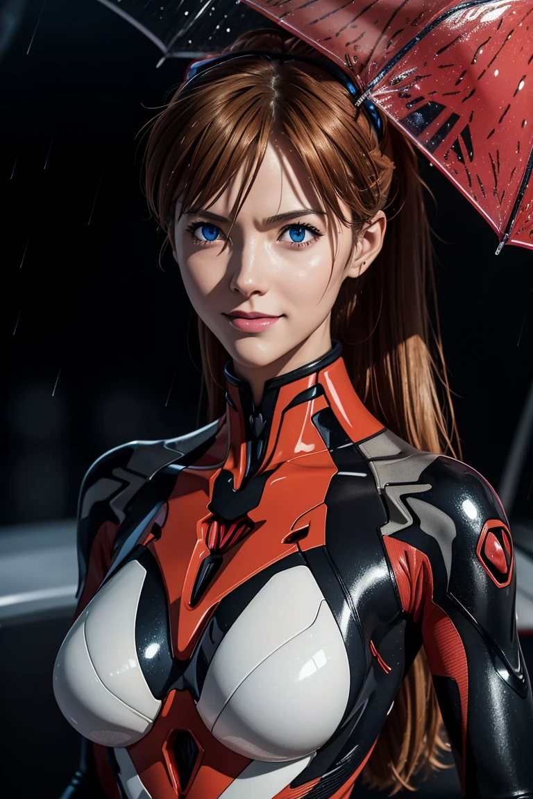 Evangelion,Asuka Langley,blue eyes,Plug Suit,Bodysuits,Interface Headset,赤いBodysuits,Ultra HD,super high quality,masterpiece,Digital SLR,Photorealistic,Detailed details,Vivid details,Depicted in detail,A detailed face,Detailed details,Super Detail,Realistic skin texture,Anatomical basis,Perfect Anatomy,Anatomically correct hand,Anatomically correct fingers,Complex 3D rendering,Sexy pose,Rainy Sky,Beautiful scenery,Fantastic rainy sky,Picturesque,Pink Lips,smile,