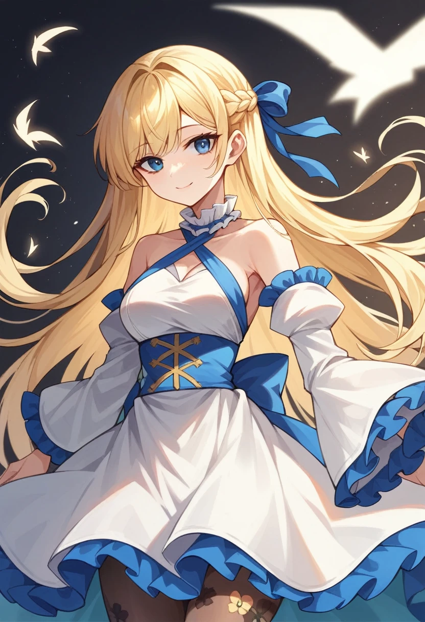 ultra detailed, masterpiece, best quality,
solo,
cowboy shot,
facing viewer,
soft smile, light smile,
1girl, blue eyes, very long hair, blonde hair, long blonde hair, french braid, bangs, medium breasts,
hair ribbon, frilled choker, criss-cross halter, sleeveless dress, high-waist skirt, backless dress, waist bow, detached sleeves, frilled sleeves, wide sleeves, pantyhose, patterned legwear, mary janes, pilyeon style,