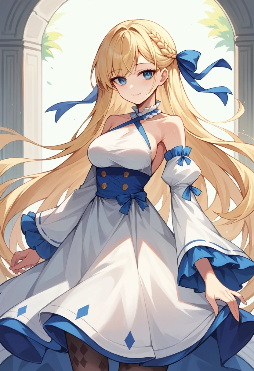 ultra detailed, masterpiece, best quality,
solo,
cowboy shot,
facing viewer,
soft smile, light smile,
1girl, blue eyes, very long hair, blonde hair, long blonde hair, french braid, bangs, medium breasts,
hair ribbon, frilled choker, criss-cross halter, sleeveless dress, high-waist skirt, backless dress, waist bow, detached sleeves, frilled sleeves, wide sleeves, pantyhose, patterned legwear, mary janes, pilyeon style,