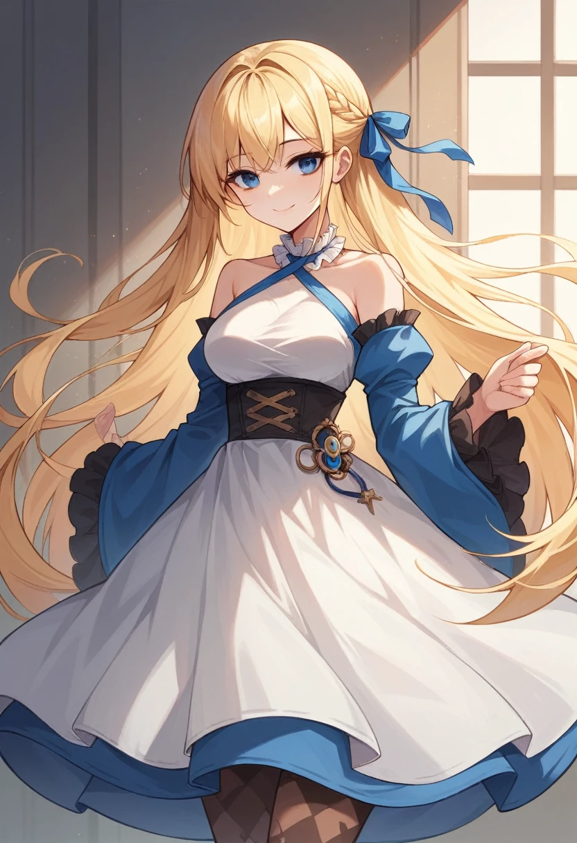 ultra detailed, masterpiece, best quality,
solo,
cowboy shot,
facing viewer,
soft smile, light smile,
1girl, blue eyes, very long hair, blonde hair, long blonde hair, french braid, bangs, medium breasts,
hair ribbon, frilled choker, criss-cross halter, sleeveless dress, high-waist skirt, backless dress, waist bow, detached sleeves, frilled sleeves, wide sleeves, pantyhose, patterned legwear, mary janes, pilyeon style,