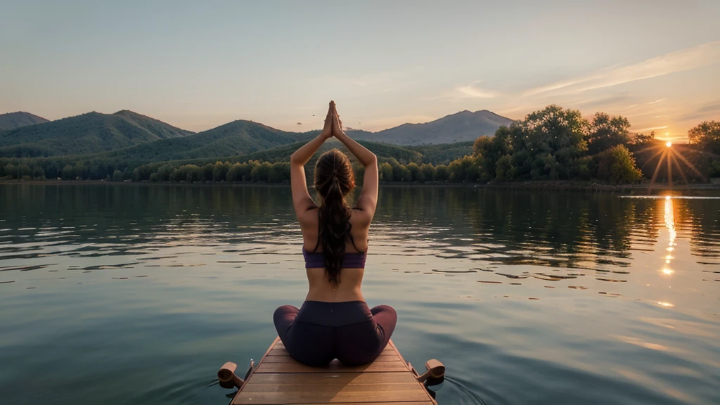 beautiful girl in yoga pose on lake in sunset. Camera view is from far away