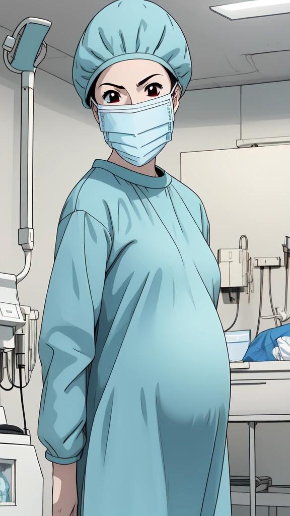 masterpiece, highest quality, source_anime, the view is turned slightly to the side, upper body, (RAW photo, best quality), 1girl, long hair, frown, pale skin, worried eyes big breasts, big tits, pregnant, stand, natural lighting, solo, hospital, in the operating room, operating room background, 
ray kasugano, pregnant with big belly, (give a score of 9_give a score of 8_give a score of 7) long sleeve Surgical dress, bouffant cap, cover the ears, surgical mask, long surgical gloves, the picture tells the story of a pregnant woman who has abdominal pain close to giving birth,