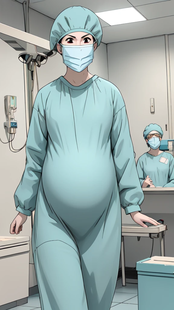 masterpiece, highest quality, source_anime, the view is turned slightly to the side, upper body, (RAW photo, best quality), 1girl, long hair, frown, pale skin, worried eyes big breasts, big tits, pregnant, stand, natural lighting, solo, hospital, in the operating room, operating room background, 
ray kasugano, pregnant with big belly, (give a score of 9_give a score of 8_give a score of 7) long sleeve Surgical dress, bouffant cap, cover the ears, surgical mask, long surgical gloves, the picture tells the story of a pregnant woman who has abdominal pain close to giving birth,