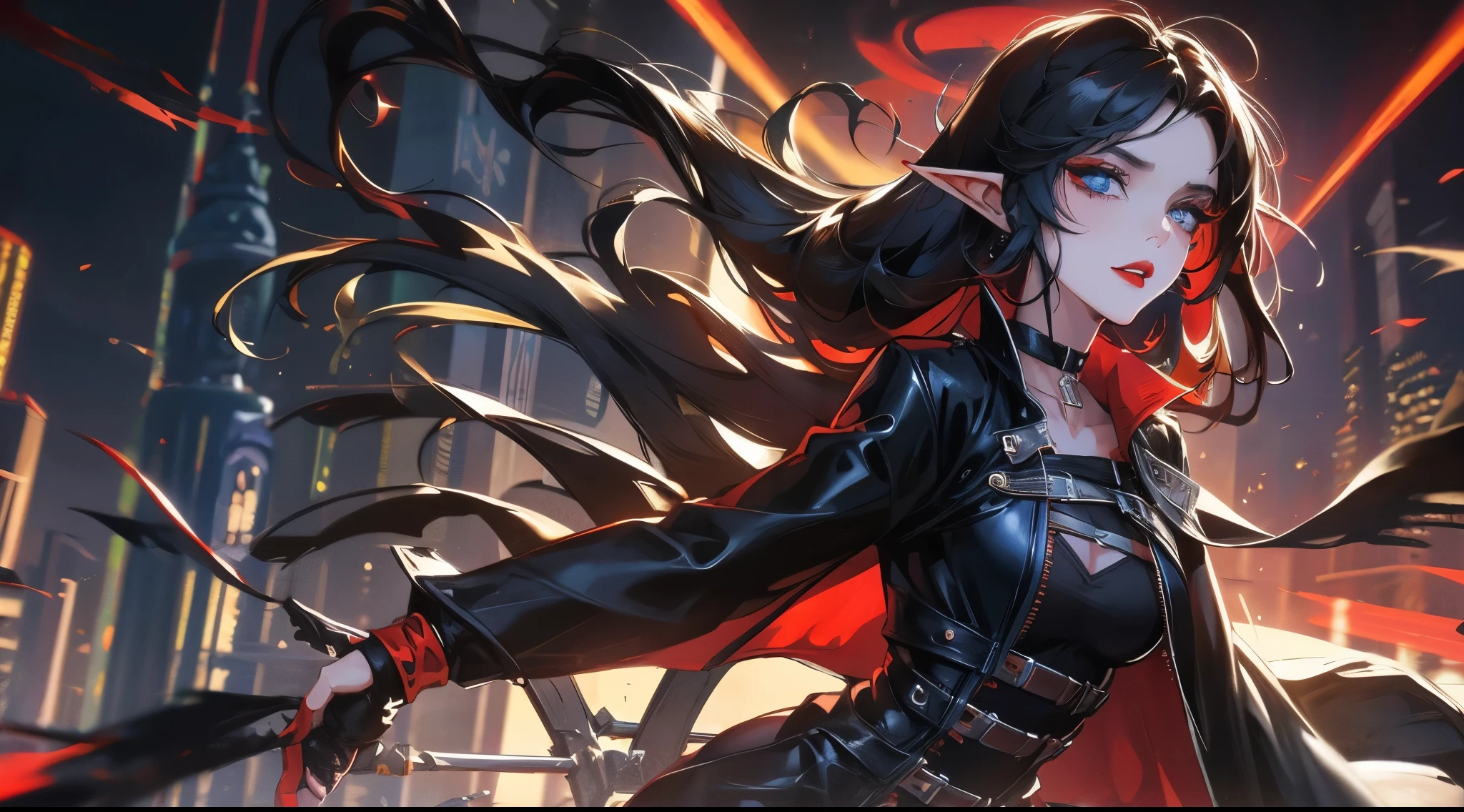 single female elf, long black hair, blue eyes, black gothic choker, red jacket, black shirt, red lips, black makeup. A detailed eye. City at night background. full moon.