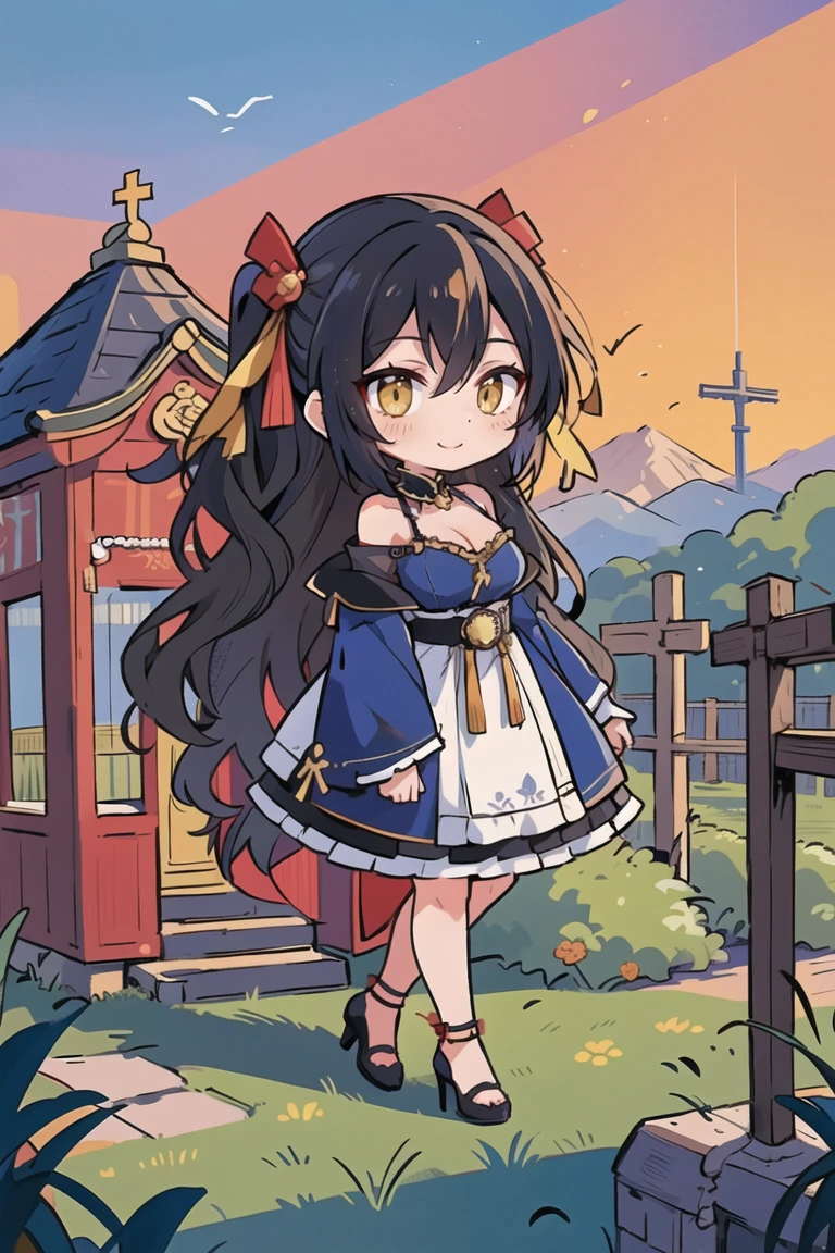 (masterpiece:1.2), (high quality:1.2), (hui xiyi:0.75), rekkyo sensen, rekkyou sensen, (chibi girls:1.45), solo focus, girls with((black hair, tits cleavage, exposed breasts, breasts close up, dress, blue clothes, ribbon belt, off-shoulder sleeves, long sleeves, furry jacket, frills shirt, frills camisole, straps, (rosary choker, golden rosary, cross:1.05), high heels, shoes, (long wavy hair, one side up:1.4))), background with ((architecture, blue sky, building, bush, castle, village, no humans, cloud, cloudy sky, day, fence, field, garden, grass, hill, house, lamppost, landscape, mountain, mountainous horizon, nature, no humans, outdoors, scenery, shrine, sky, tower)), cowboy shot, anime, anime style