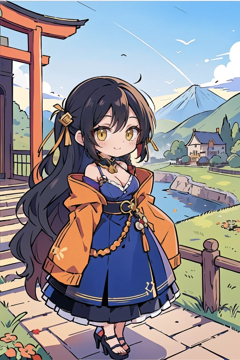 (masterpiece:1.2), (high quality:1.2), (hui xiyi:0.75), rekkyo sensen, rekkyou sensen, (chibi girls:1.45), solo focus, girls with((black hair, tits cleavage, exposed breasts, breasts close up, dress, blue clothes, ribbon belt, off-shoulder sleeves, long sleeves, furry jacket, frills shirt, frills camisole, straps, (rosary choker, golden rosary, cross:1.05), high heels, shoes, (long wavy hair, one side up:1.4))), background with ((architecture, blue sky, building, bush, castle, village, no humans, cloud, cloudy sky, day, fence, field, garden, grass, hill, house, lamppost, landscape, mountain, mountainous horizon, nature, no humans, outdoors, scenery, shrine, sky, tower)), cowboy shot, anime, anime style