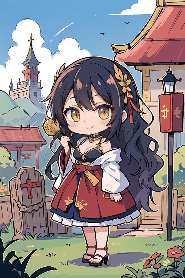 (masterpiece:1.2), (high quality:1.2), (hui xiyi:0.75), rekkyo sensen, rekkyou sensen, (chibi girls:1.45), solo focus, girls with((black hair, tits cleavage, exposed breasts, breasts close up, dress, blue clothes, ribbon belt, off-shoulder sleeves, long sleeves, furry jacket, frills shirt, frills camisole, straps, (rosary choker, golden rosary, cross:1.05), high heels, shoes, (long wavy hair, one side up:1.4))), background with ((architecture, blue sky, building, bush, castle, village, no humans, cloud, cloudy sky, day, fence, field, garden, grass, hill, house, lamppost, landscape, mountain, mountainous horizon, nature, no humans, outdoors, scenery, shrine, sky, tower)), cowboy shot, anime, anime style