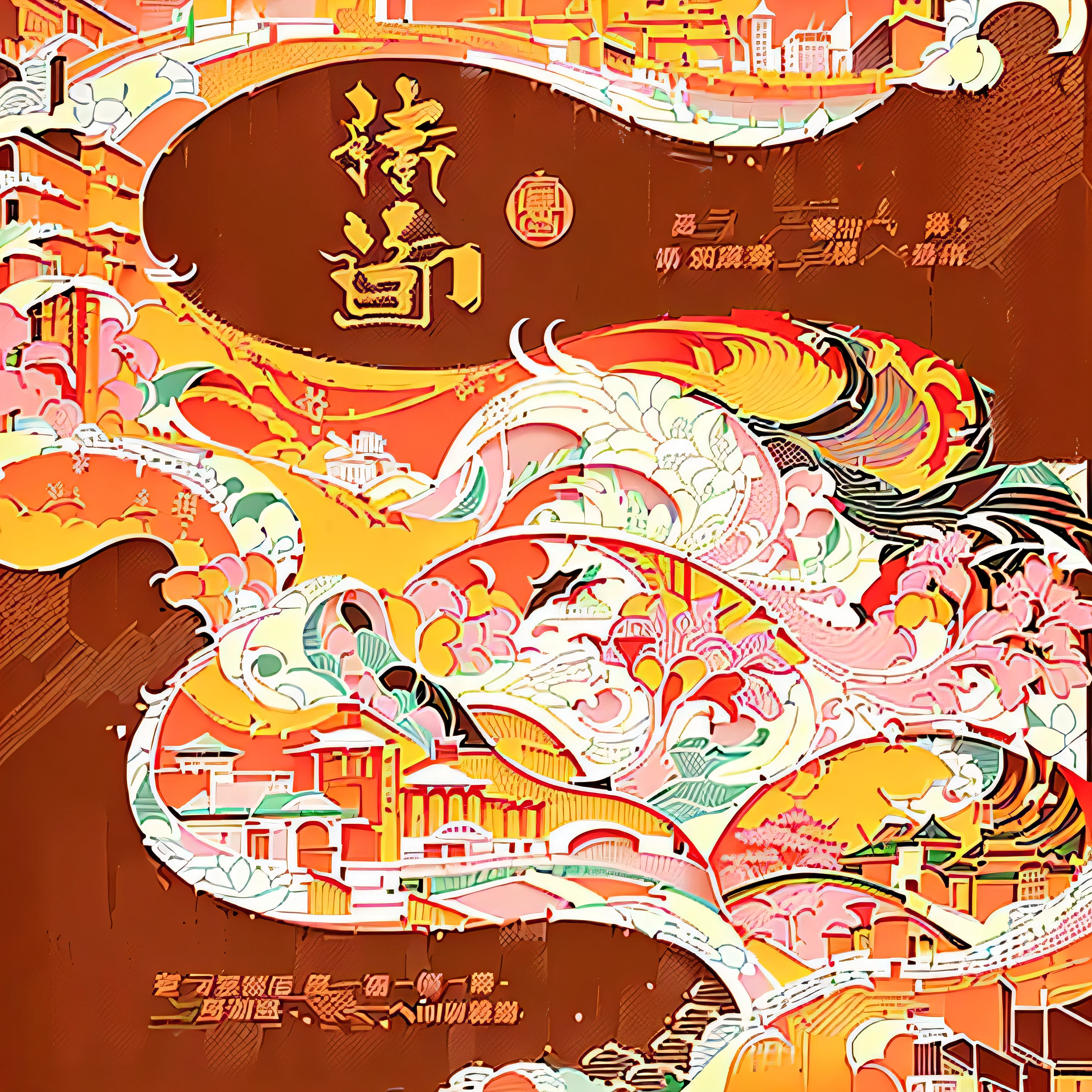 vector illustration, a Guangzhou city with buldings that are in green and red colors, Guangzhou city, in the style of Guangzhou-inspired motifs lines, graphic design poster art, bold linework, smooth lines, classical motifs and themes, Woodcut printmaking, detailed character design, white background --at 3:4