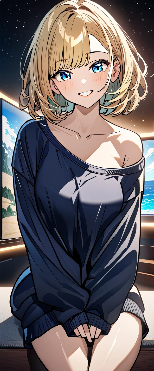 ((grin)), ((off-shoulder sweater:1.3, Quite thick shoulder straps)), ((black sweater)), ((sunglasses, hand to sunglasses)), (((from side))), ((((upper body)))), ((Leaning to side)), (((A meteor shower dancing in the night sky, countless stars twinkling in the clear air, a beautiful starry sky, the Milky Way shining beautifully in the night))), ((sitting on the very high cliff)), wavy hair, inward curled hair, sea, ((blond hair, bob cut:1.3)), breasts, teenager, (looking at viewer), oversized clothes, puffy long sleeves, collarbone, head tilt:1.3, (((blue eyes))), happy smile, (((anime style))), (best quality, 4K, 8K, highres, masterpiece:1.2, ultra-detailed, ultra-detailed eyes, HDR, uhd, studio lighting, ultra-fine painting, sharp focus, physically-based rendering, extreme detail description, professional, vivid colors, bokeh)