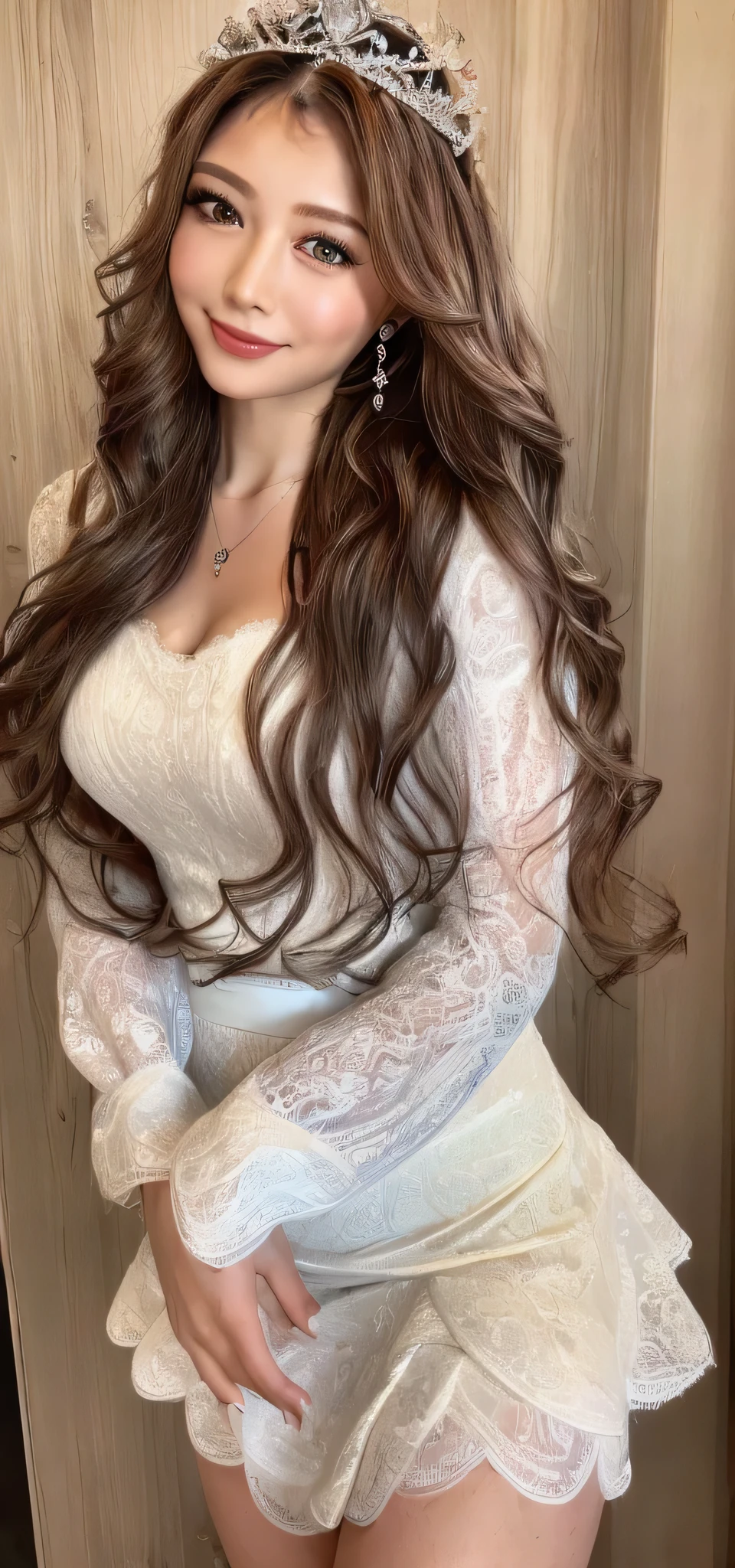 ((Highest quality, 8K, masterpiece: 1.3)), One girl, Perfect Body Beauty: 1.3, ( Random thick diva hairstyle casual), (( Long wavy brown hair)), (Queen), (Exposed big breasts), (Wedding dress), Super detailed face, Beautiful Eyes, double eyelid, smile, Short skirt, Lace panties, Earrings, necklace, Crown,