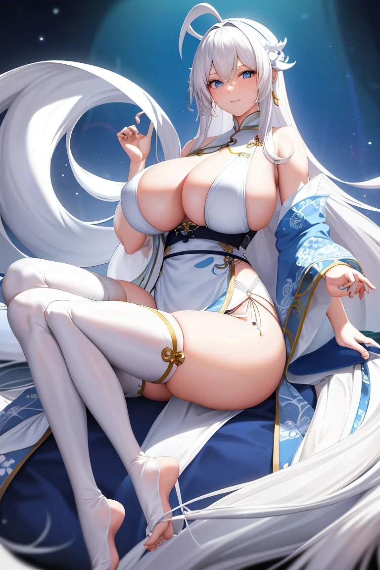 A woman,White long hair,Blue Eyes,Wear a white bikini,Hanfu,Long legs,Nipple protrusion,Twenties,exposed,Huge breasts,超级Huge breasts,Foot ring,barefoot