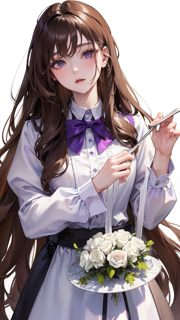 (Top resolution、Distinct_image)top-quality、femele、masterpiece、highly detailed、Semi-realistic、purple eyes、18year old、young、Exquisite facial features、Facial features、unique hairstyle, variations, potrait, white background, , long straight hairstyles , light brown hair , barista , workplace uniform