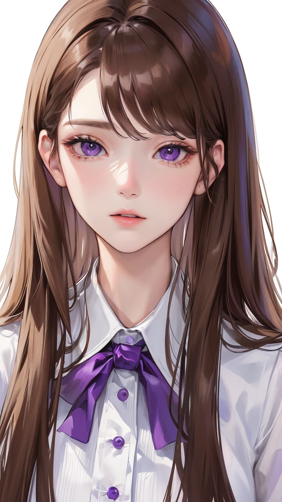 (Top resolution、Distinct_image)top-quality、femele、masterpiece、highly detailed、Semi-realistic、purple eyes、18year old、young、Exquisite facial features、Facial features、unique hairstyle, variations, potrait, white background, , long straight hairstyles , light brown hair , barista , workplace uniform