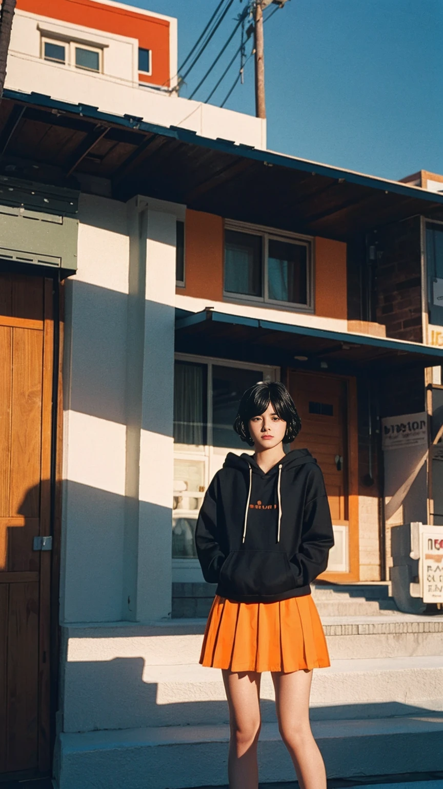 long shot portrait of cute 23 yo girl ,(perfect natural breast),wear ((orange color oversized hoodie)), wear ((purple tennis skirt)),looking viewer,Best Quality,Masterpiece,Ultra High Resolution,(Realisticity:1.4),Original Photo, 1Girl, light leak,ultra high resolution,UHD,beautiful, (black bob hair), almond eye, no makeup, in front of ((80's mondrian architecture motel)), (realistic:1.2), (surreal:1.3), (very detailed:1.1), ((masterpiece)),summer, blue sky, palm trees,sunny, los angles vibes,film camera, 800mm lens,style of Philip Lorca diCorcia,beautiful face, (realistic face), (black hair, short hair:1.3)