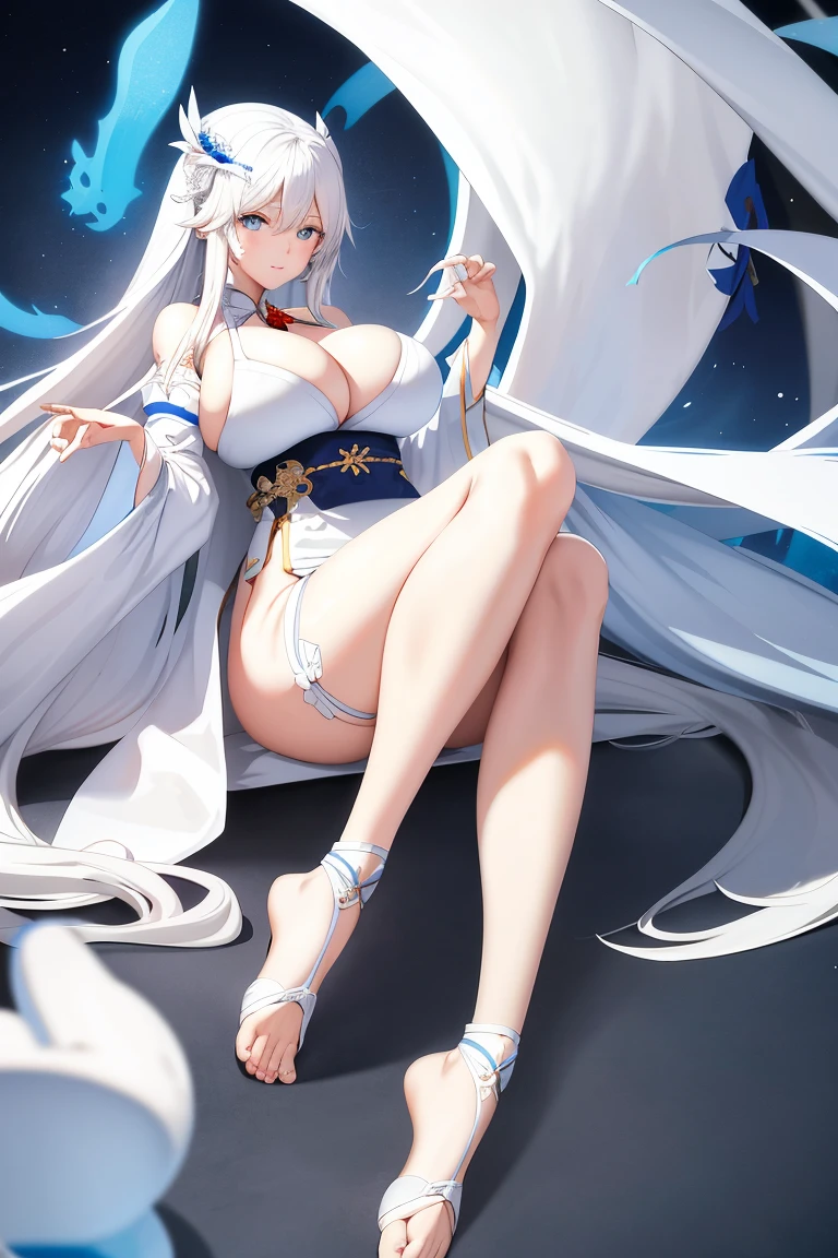 A woman,White long hair,Blue Eyes,Wear a white bikini,Hanfu,Long legs,Nipple protrusion,Twenties,exposed,Huge breasts,超级Huge breasts,Foot ring,barefoot