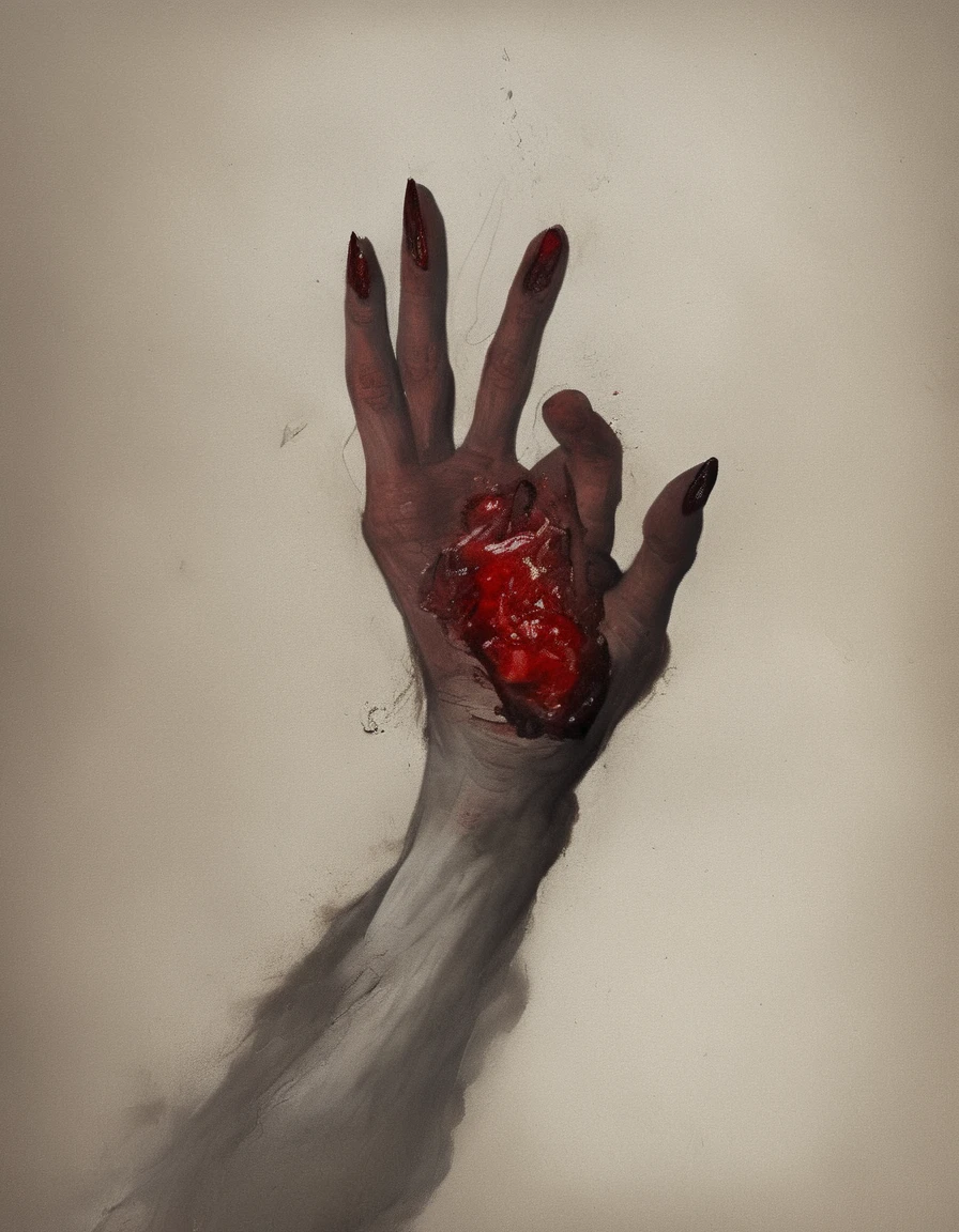 gloomy background, bloody hand with a small metal shard in it