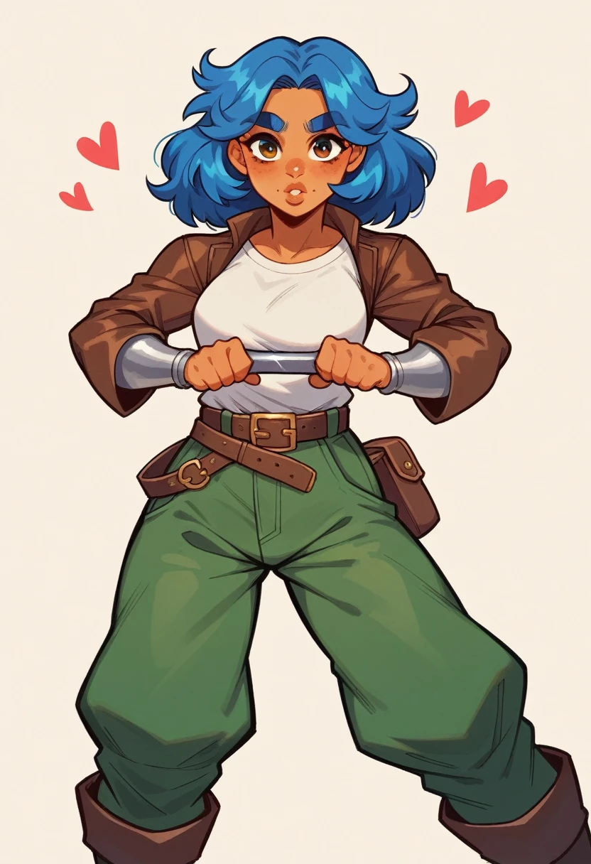 The girl is a 23-year-old with an athletic, lean build and olive skin. She has shoulder-length, wavy blue hair that frames her face. Her hazel eyes are intense, set beneath straight, thick brows. She has a heart-shaped face with defined cheekbones, a straight nose, thin lips, and a rounded chin. She is dressed as a medieval thief, wearing a dark, fitted leather jacket over a loose shirt. The shirt has embroidered patterns along the sleeves. She wears a wide leather belt with various pouches and a small sword. Her rugged trousers are tucked into calf-high leather boots. She carries a crossbow strapped to her back and has wrist guards with hidden blades. The front view shows her full-length, highlighting her detailed outfit and confident stance.
