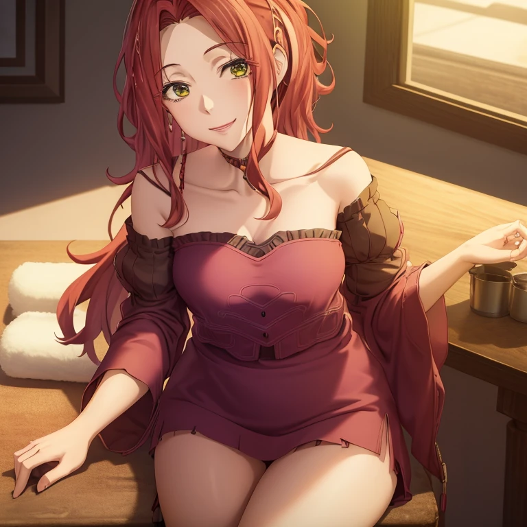 (cowboy shot),Ayano,solo,medium breasts,looking at viewer,happy,off shoulder,bare shoulders,indoors,sitting,on chair,cleavage,collarbone,bare legs,leaning forward,